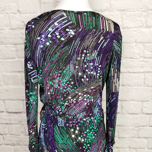 Cache Purple Green Print Long Sleeve Faux Wrap Dress Cocktail Party Sz S - Picture 12 of 15